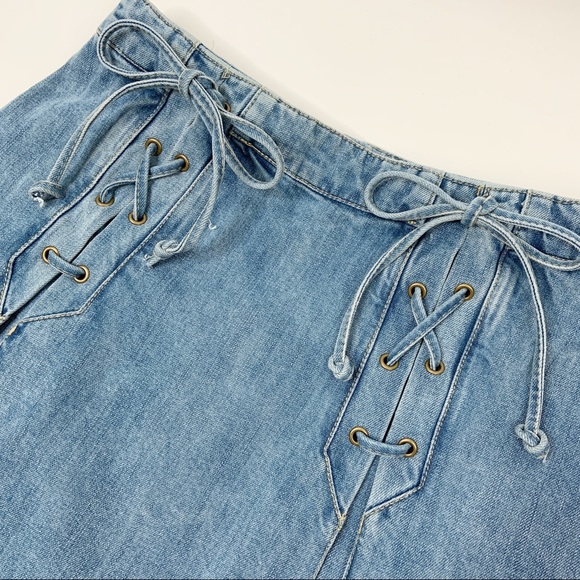 Free People Lace Up Mini Denim Jean Skirt Size 8 - Picture 7 of 11
